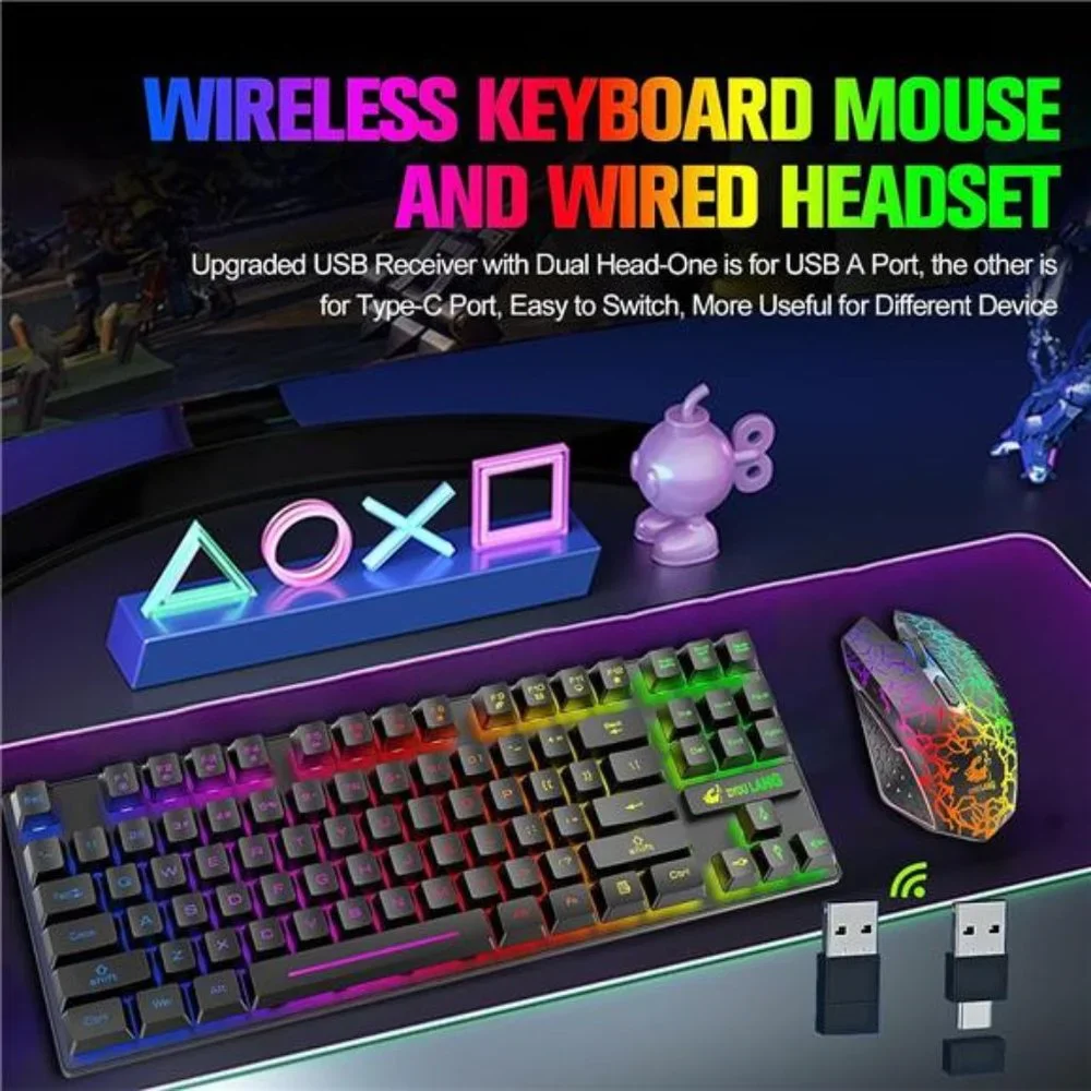 Wireless Gaming Keyboard and Mouse Combo with 87 Key Rainbow LED Backlight